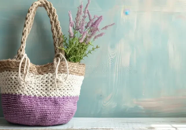 handcrafted-crochet-bag-purple-flowers-rustic-porch-beautifully-woven-adorned-presents-charming-scene-wooden-evoking-337975389 Crochet Bag with flower with Pattern